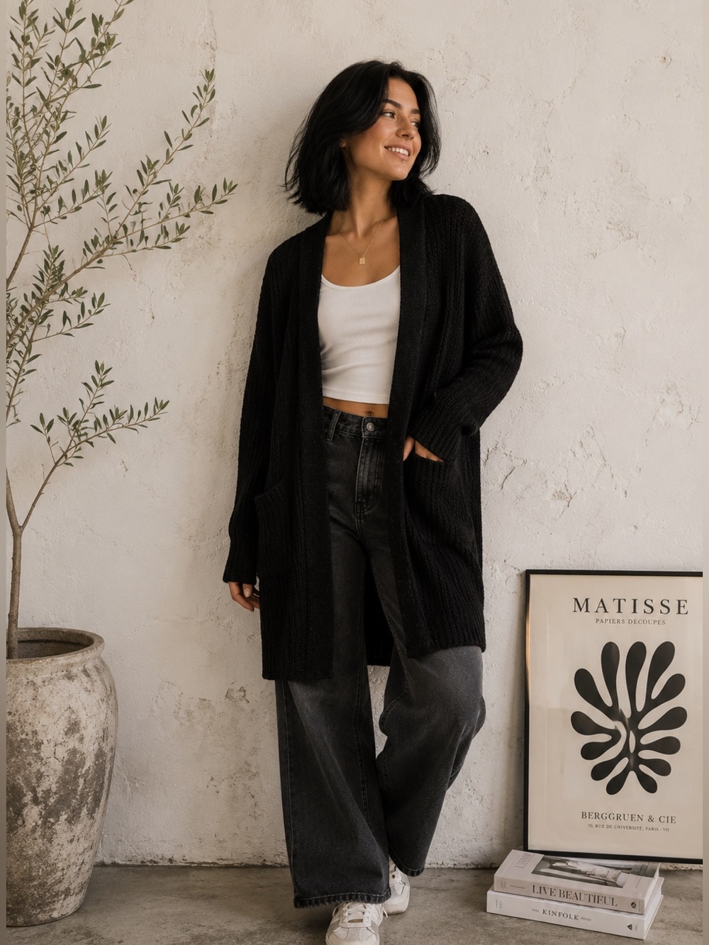 Fashion Nova Black Open-Front Long Cardigan
